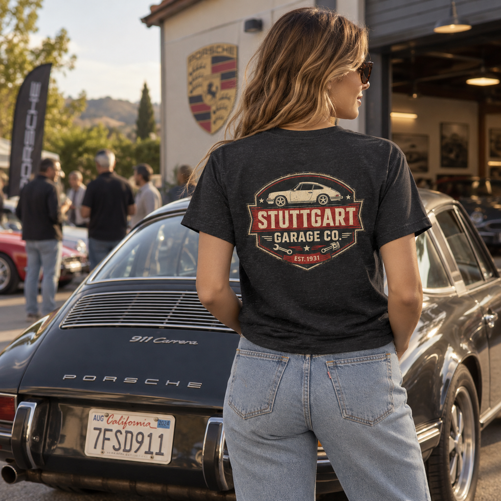 Woman wearing Black Heather Stuttgart Garage Co. T-shirt showing the back graphic at a classic car meet