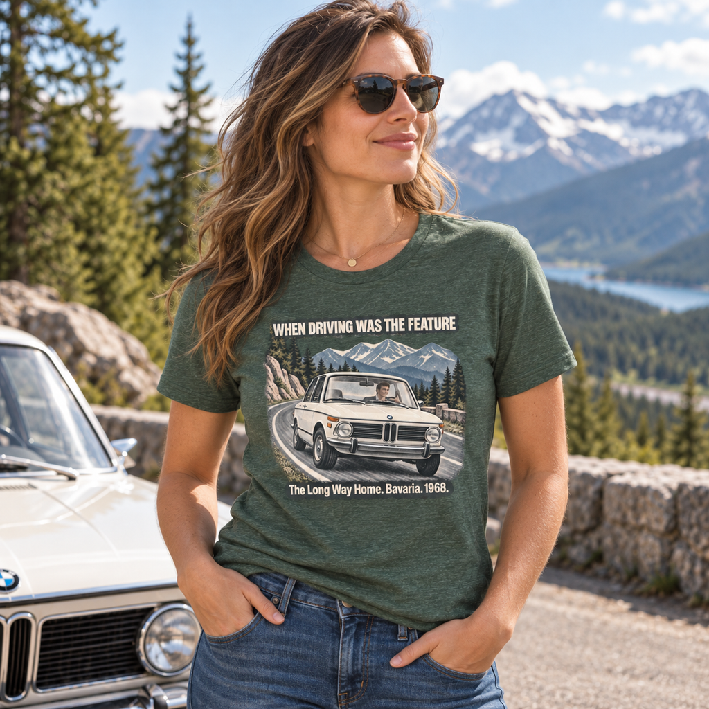 Woman wearing a Heather Forest BMW 2002 T-shirt at a mountain overlook
