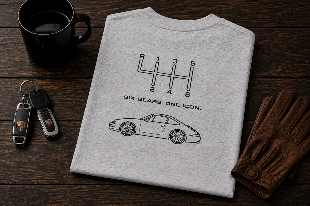 Folded classic 911 T-shirt showing Six Gears One Icon rear graphic