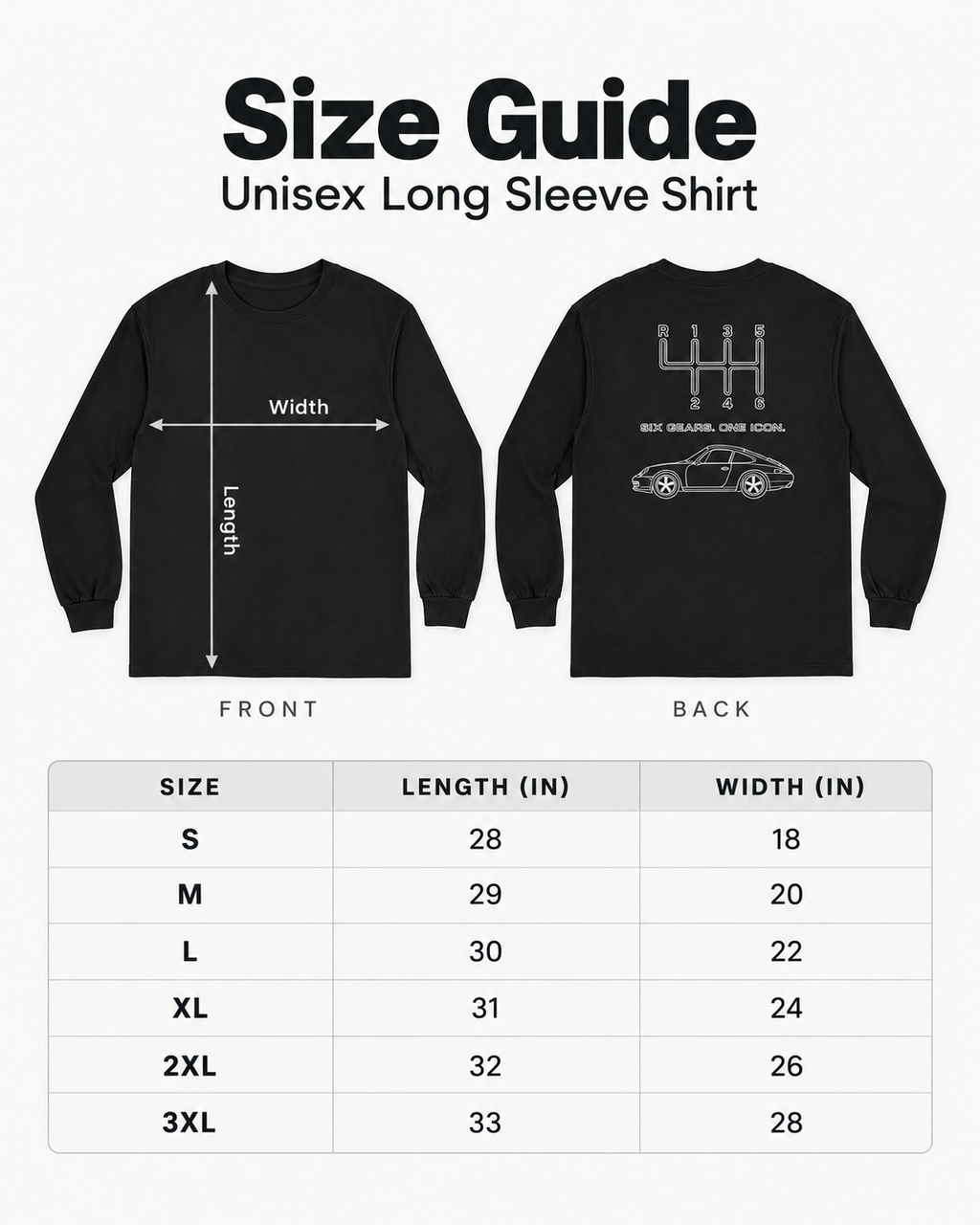 Gildan 2400 long sleeve shirt size guide for sizes S through 3XL