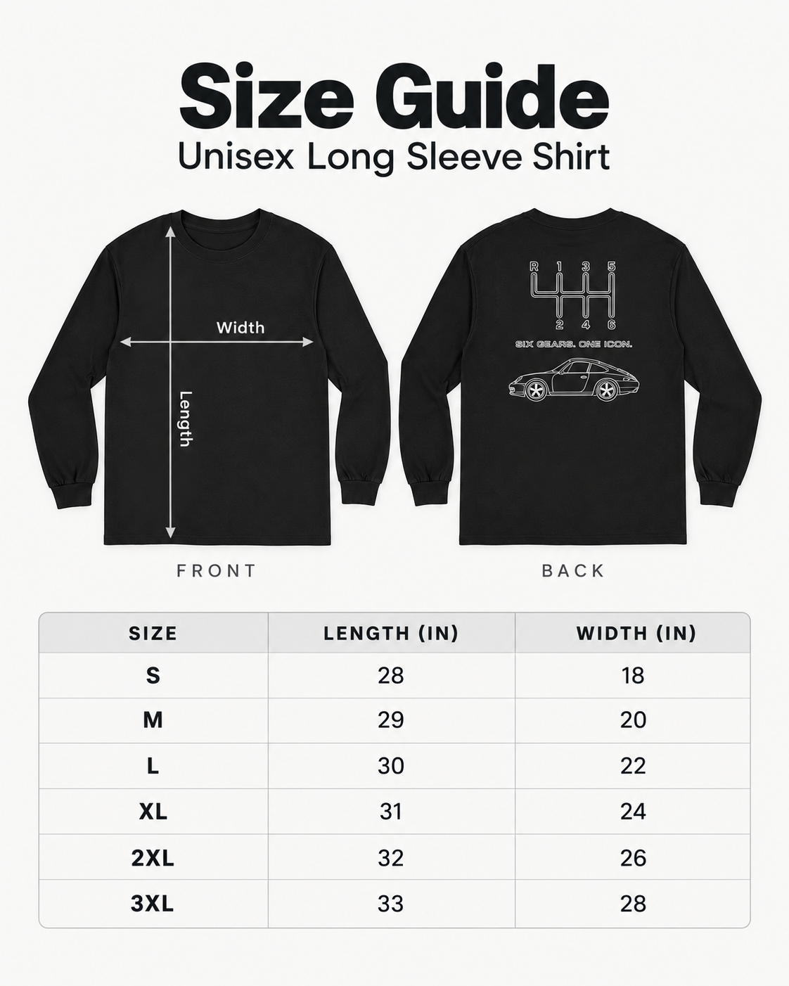 Gildan 2400 long sleeve shirt size guide for sizes S through 3XL