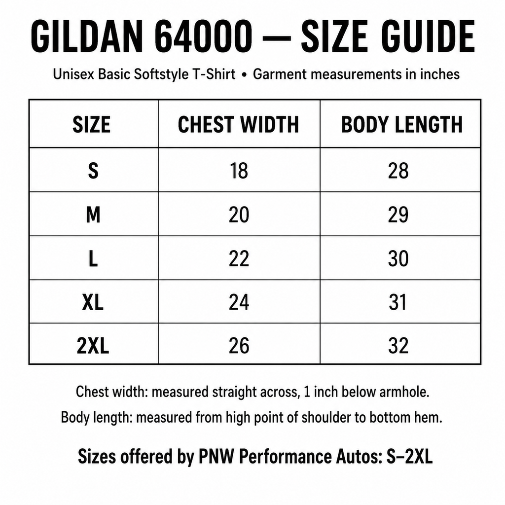 Gildan 64000 unisex T-shirt size guide with garment measurements