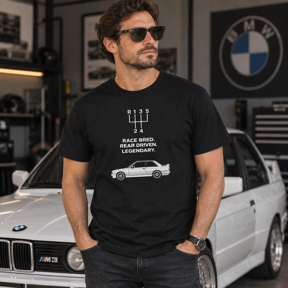 Male model wearing black E30 M3 Tribute T-Shirt with race-bred front graphic, posed beside a classic performance car in a garage