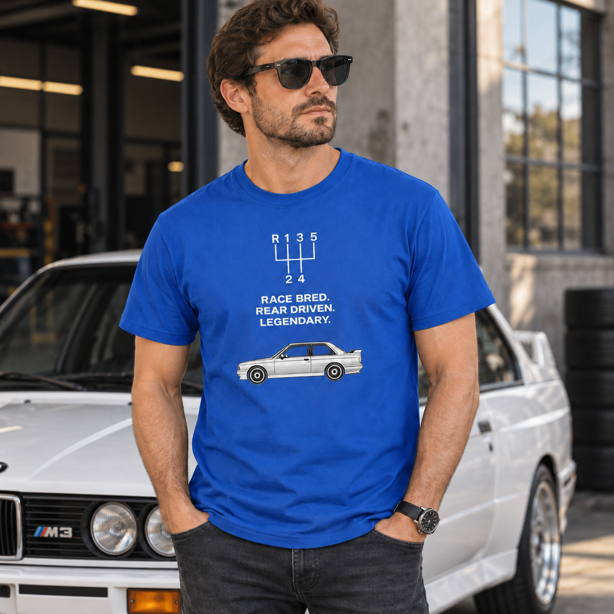 Male model in royal blue E30 M3 Tribute T-Shirt outdoors, five-speed shift pattern and tribute graphic prominently displayed