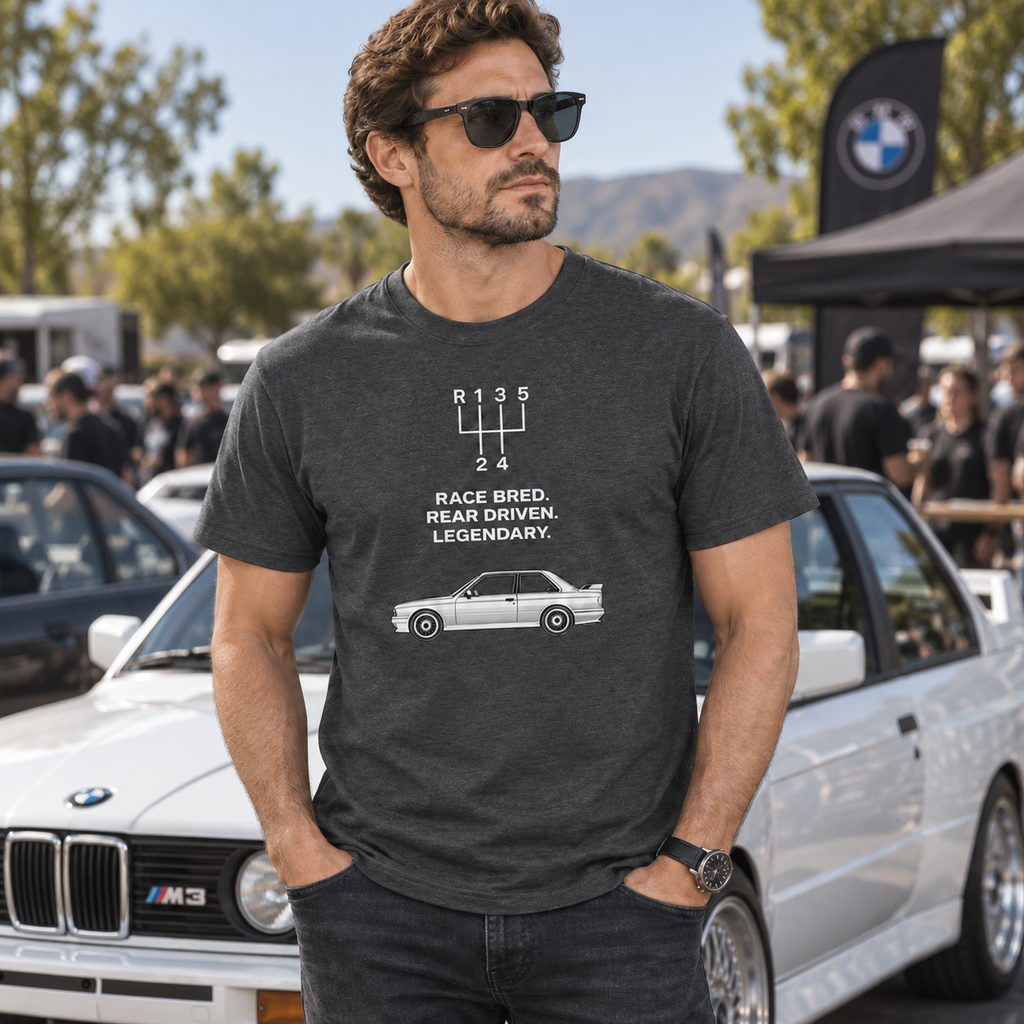 Male model wearing dark heather E30 M3 Tribute T-Shirt at an outdoor car meet, front graphic visible