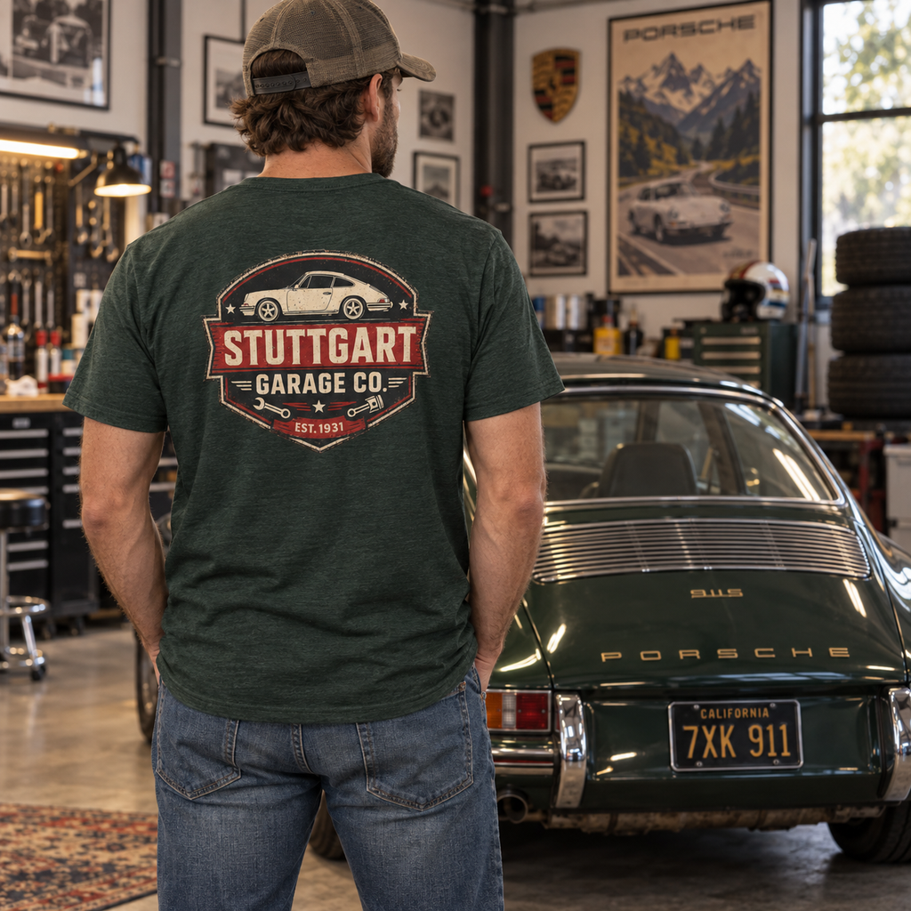 Man wearing Heather Emerald Stuttgart Garage Co. T-shirt with vintage back graphic in a Porsche garage setting