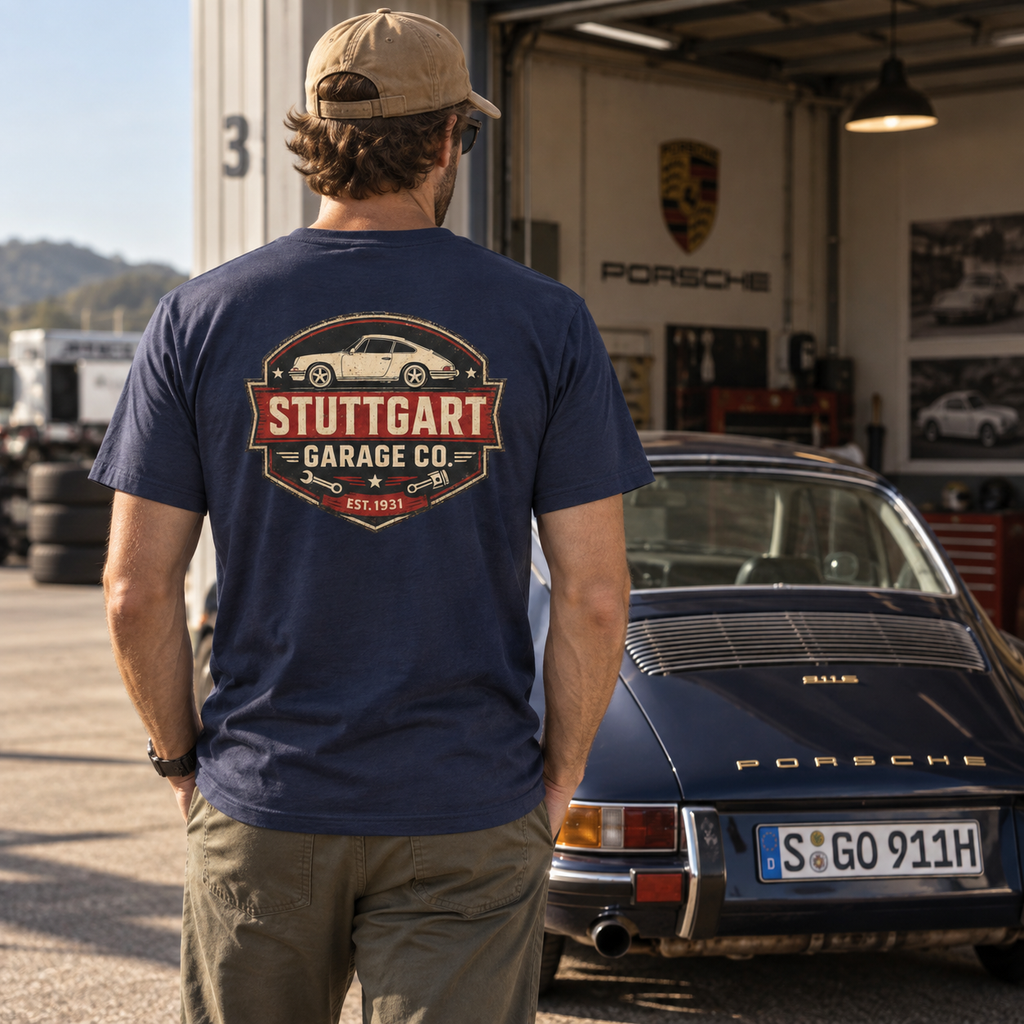 Man wearing navy Stuttgart Garage Co. T-shirt showing the back graphic beside a classic Porsche 911