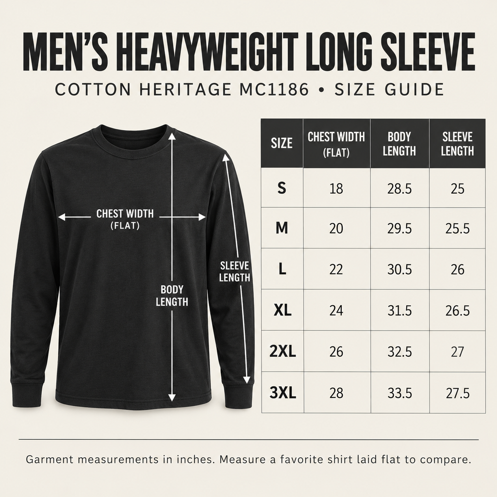 Cotton Heritage MC1186 men's heavyweight long-sleeve T-shirt size guide for S through 3XL