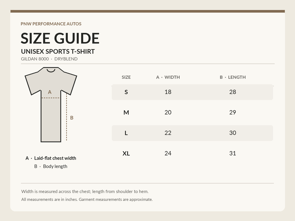 Gildan 8000 DryBlend T-shirt size guide showing chest width and body length in inches for sizes S through XL