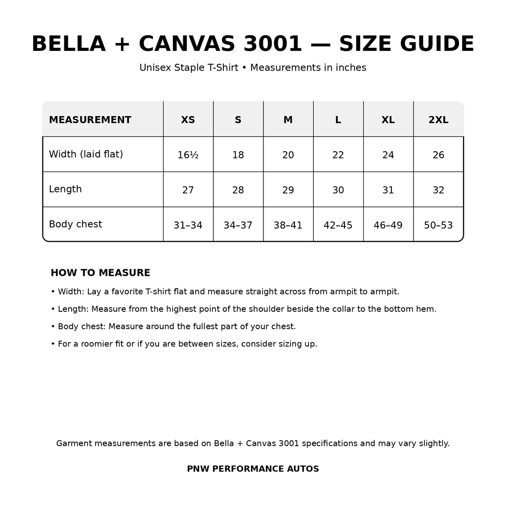 Bella + Canvas 3001 unisex T-shirt size guide for XS through 2XL