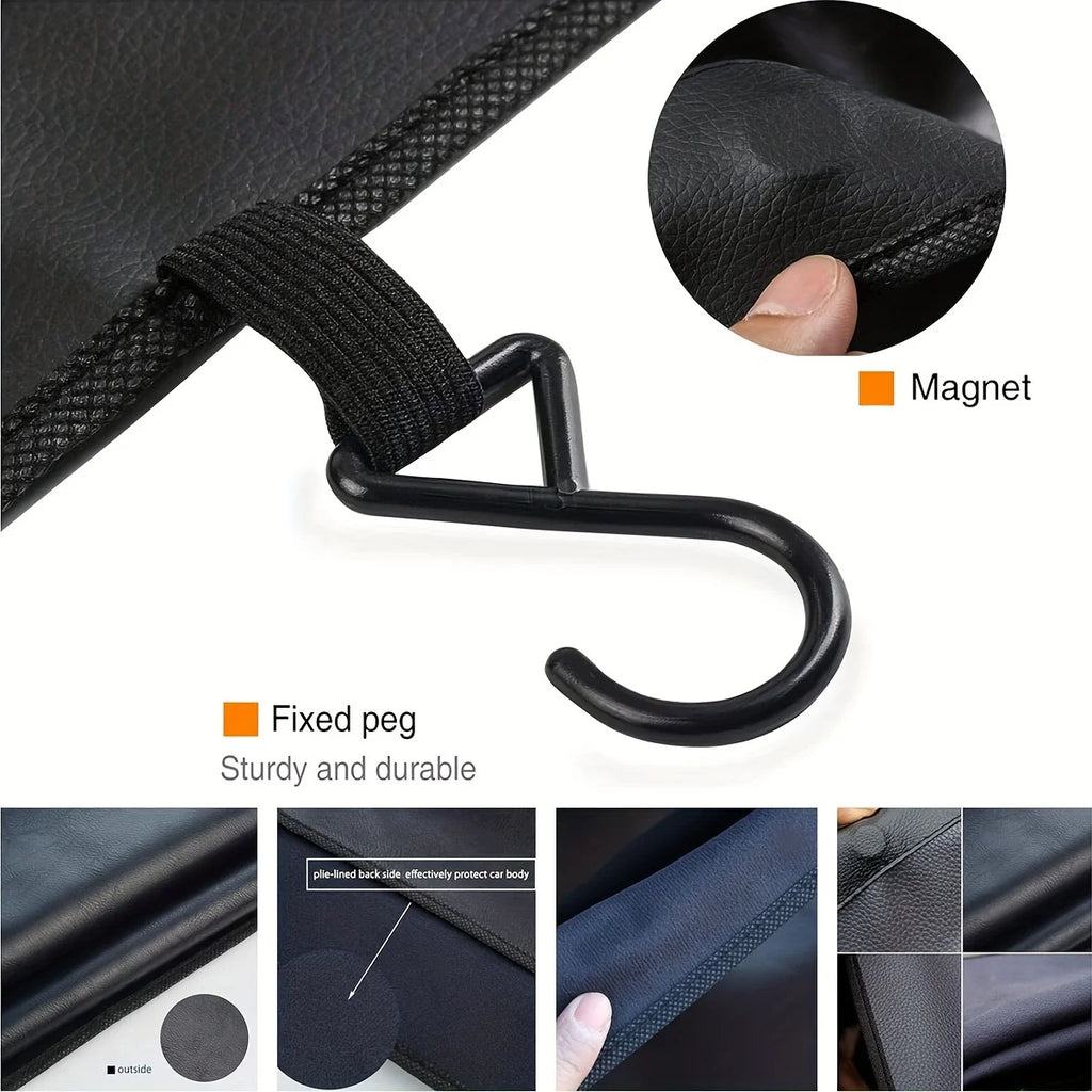 Close-up of automotive fender protector showing magnetic attachment, securing hook and reinforced construction
