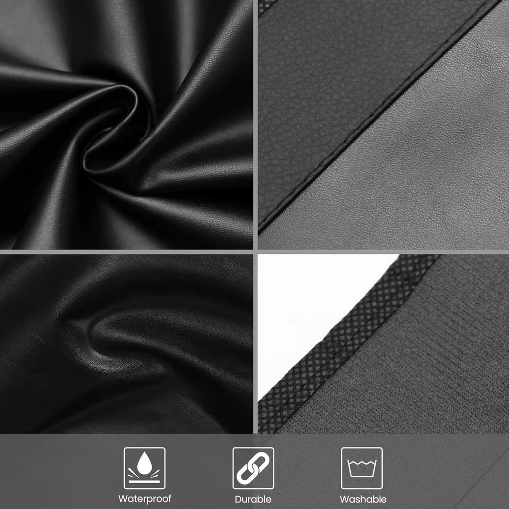 Close-up details of black automotive fender protector material, textured backing and stitched edges