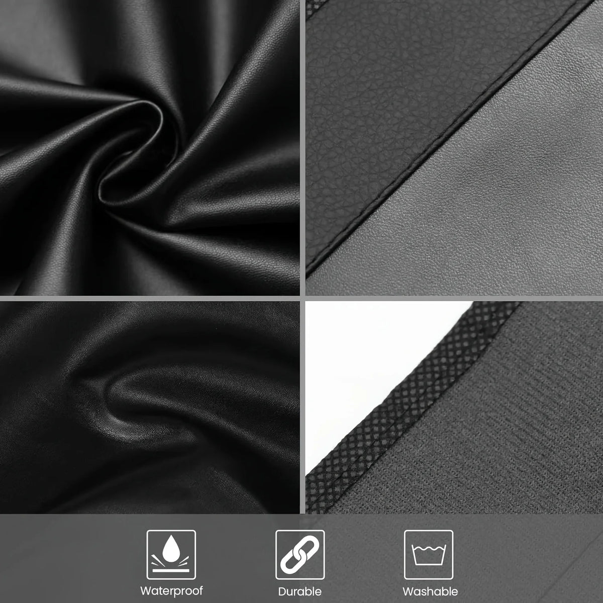 Close-up details of black automotive fender protector material, textured backing and stitched edges