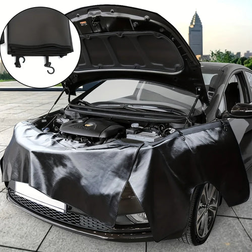 Three-piece magnetic fender protector set installed on a car with its hood open for automotive maintenance