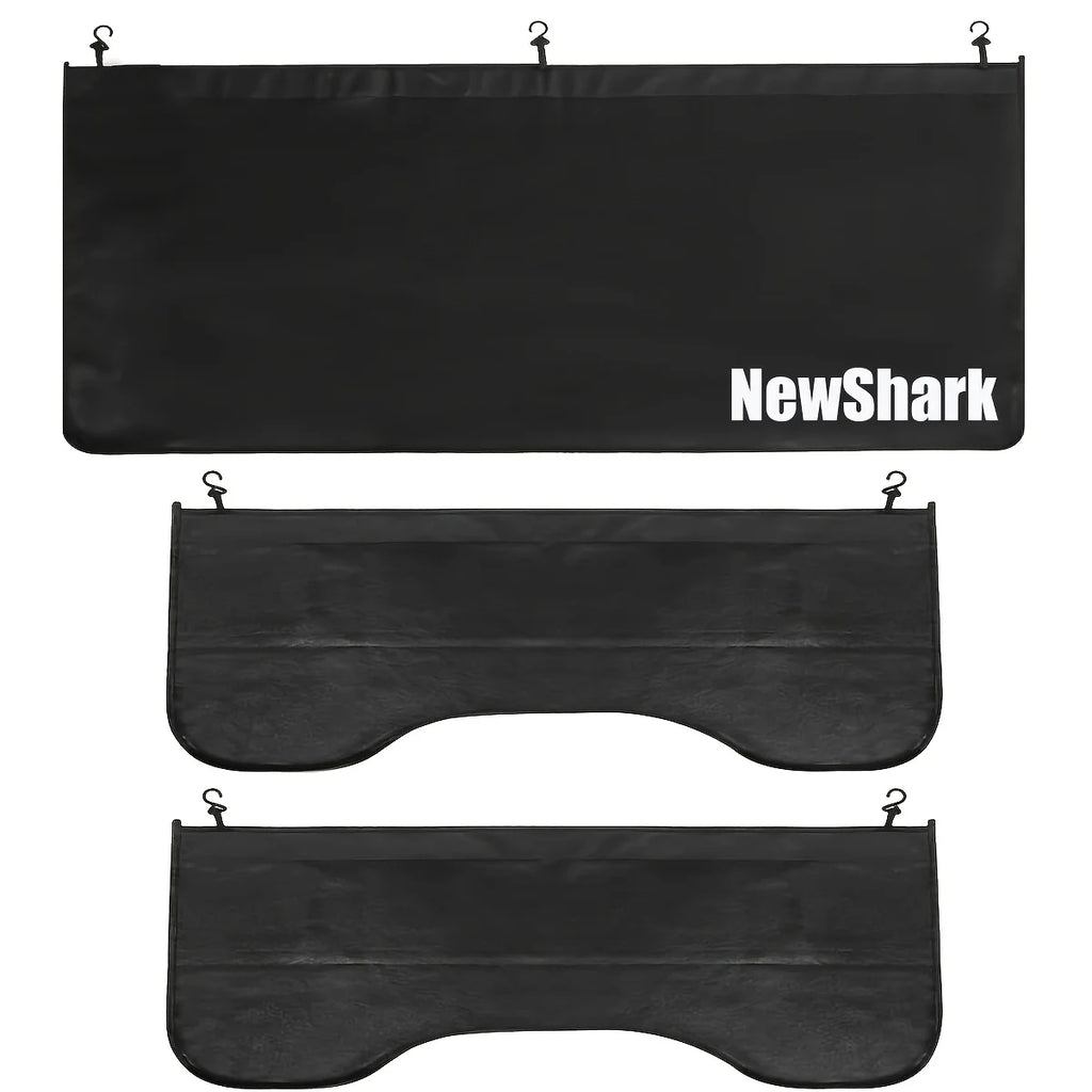 Three-piece black automotive fender protector kit showing the included protective covers and attachment hooks
