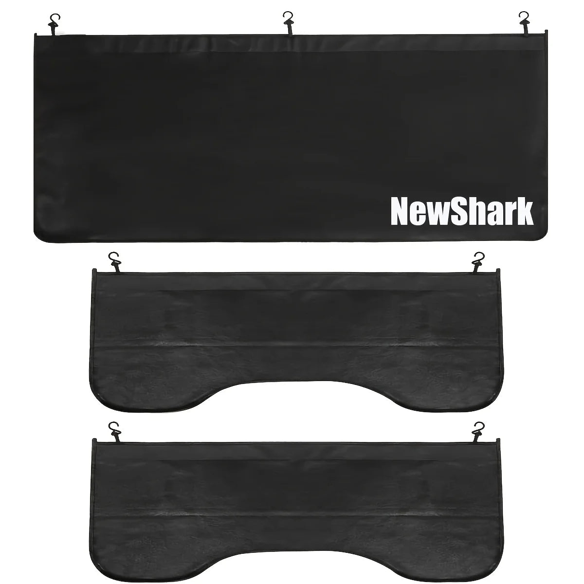 Three-piece black automotive fender protector kit showing the included protective covers and attachment hooks