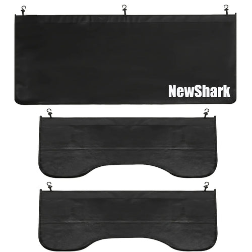 Three-piece black automotive fender protector kit showing the included protective covers and attachment hooks