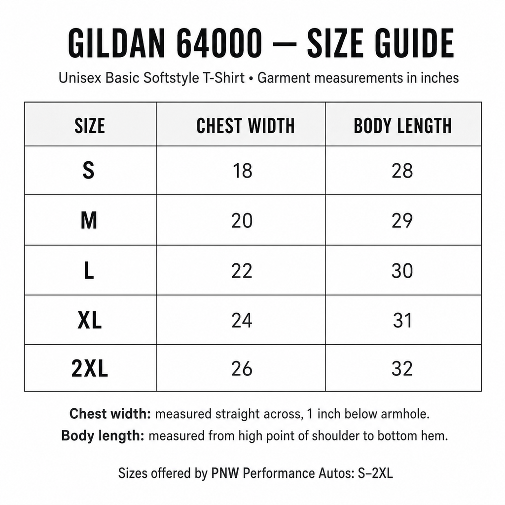 Gildan 64000 unisex T-shirt size chart for sizes S through 2XL