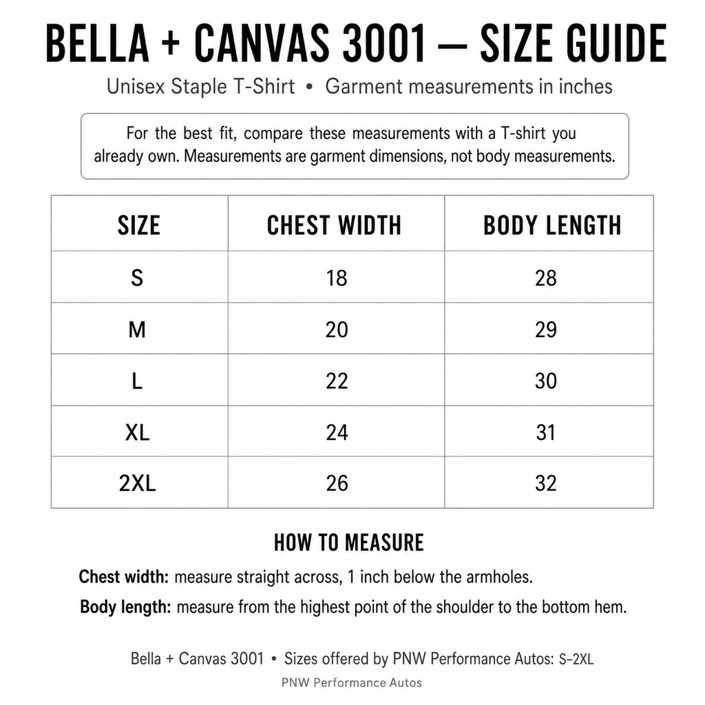 Bella and Canvas 3001 unisex T-shirt size guide with length chest and body measurements