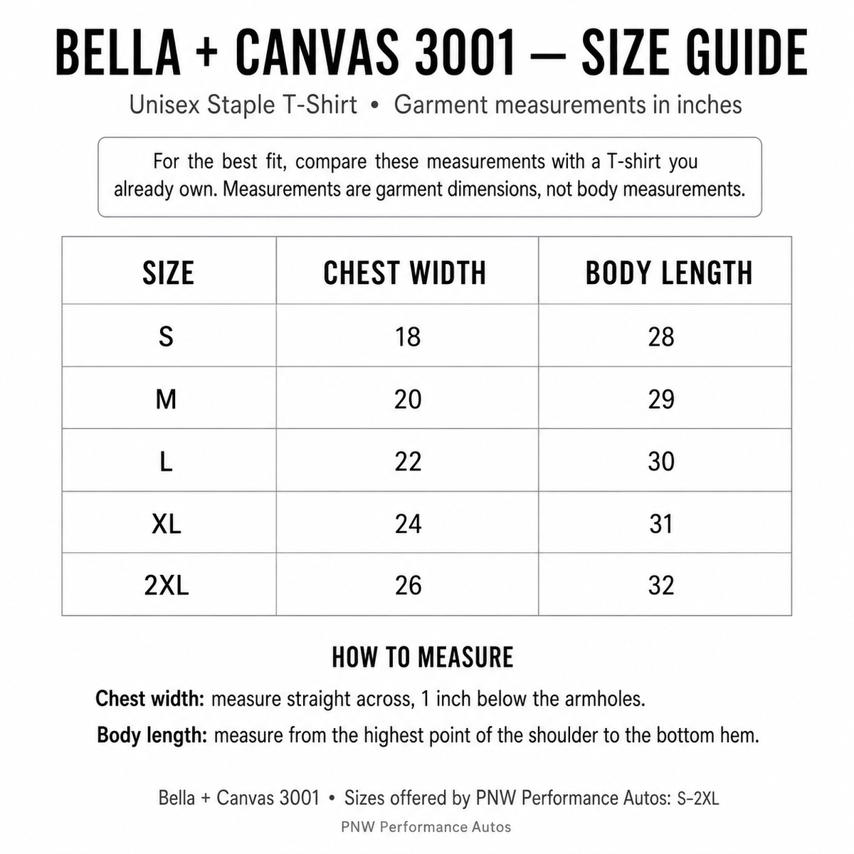 Bella and Canvas 3001 unisex T-shirt size guide with length chest and body measurements