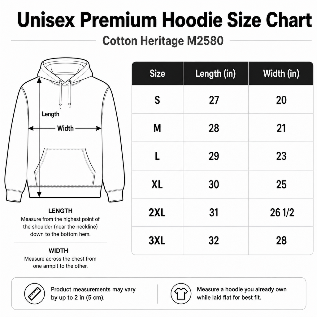 Cotton Heritage M2580 unisex premium pullover hoodie sizing guide