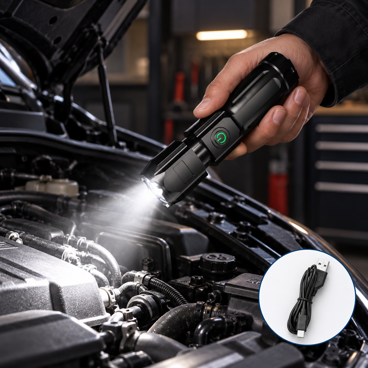 USB rechargeable LED flashlight illuminating a car engine bay during inspection