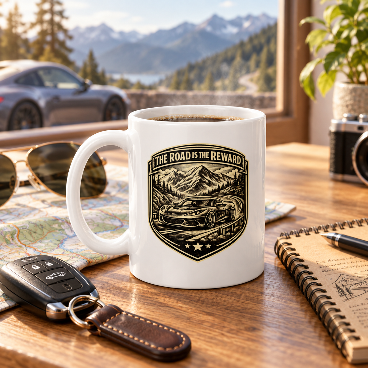 White road trip coffee mug styled on a tabletop with keys, notebook, and scenic mountain-drive background