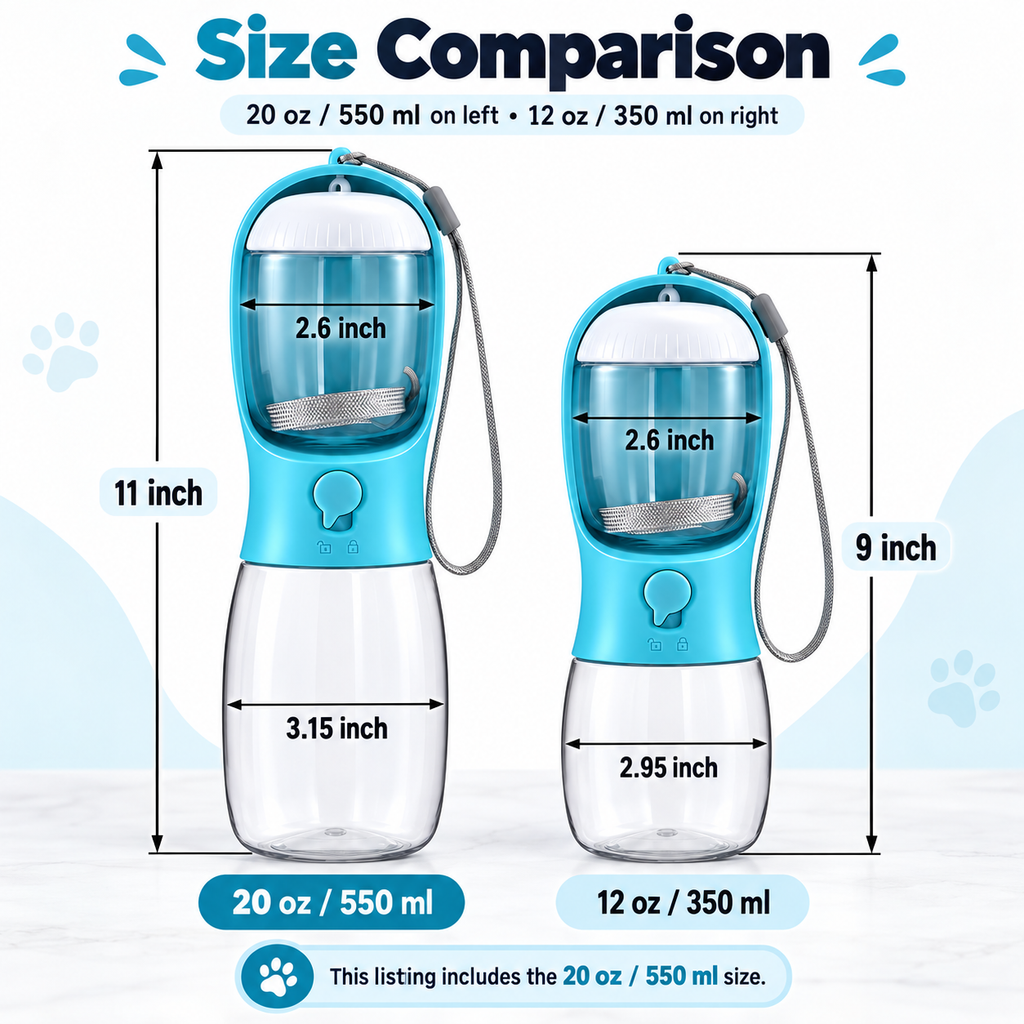Cibaabo travel dog bottle size comparison: blue 20 oz bottle sold here shown at left; smaller 12 oz bottle for reference at right, with dimensions