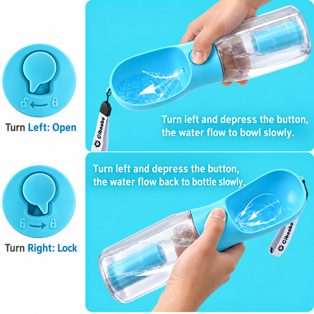 Blue Cibaabo dog water bottle dispensing instructions and twist-lock operation