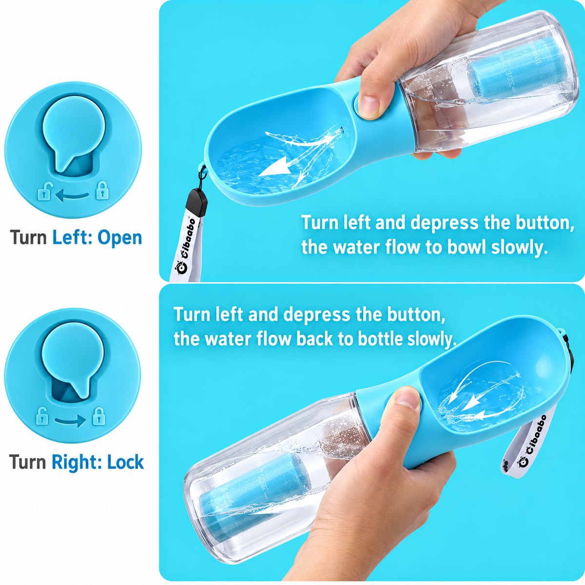 Blue Cibaabo dog water bottle dispensing instructions and twist-lock operation