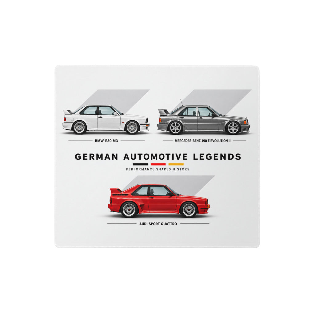 German automotive gaming mouse pad featuring BMW E30 M3, Mercedes 190E Evolution II and Audi Sport Quattro
