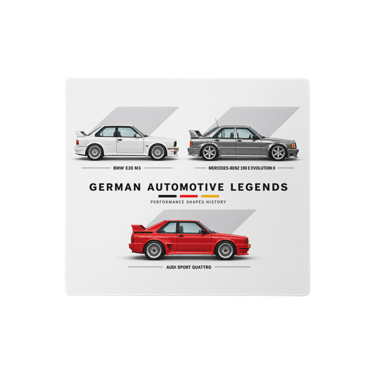 German automotive gaming mouse pad featuring BMW E30 M3, Mercedes 190E Evolution II and Audi Sport Quattro