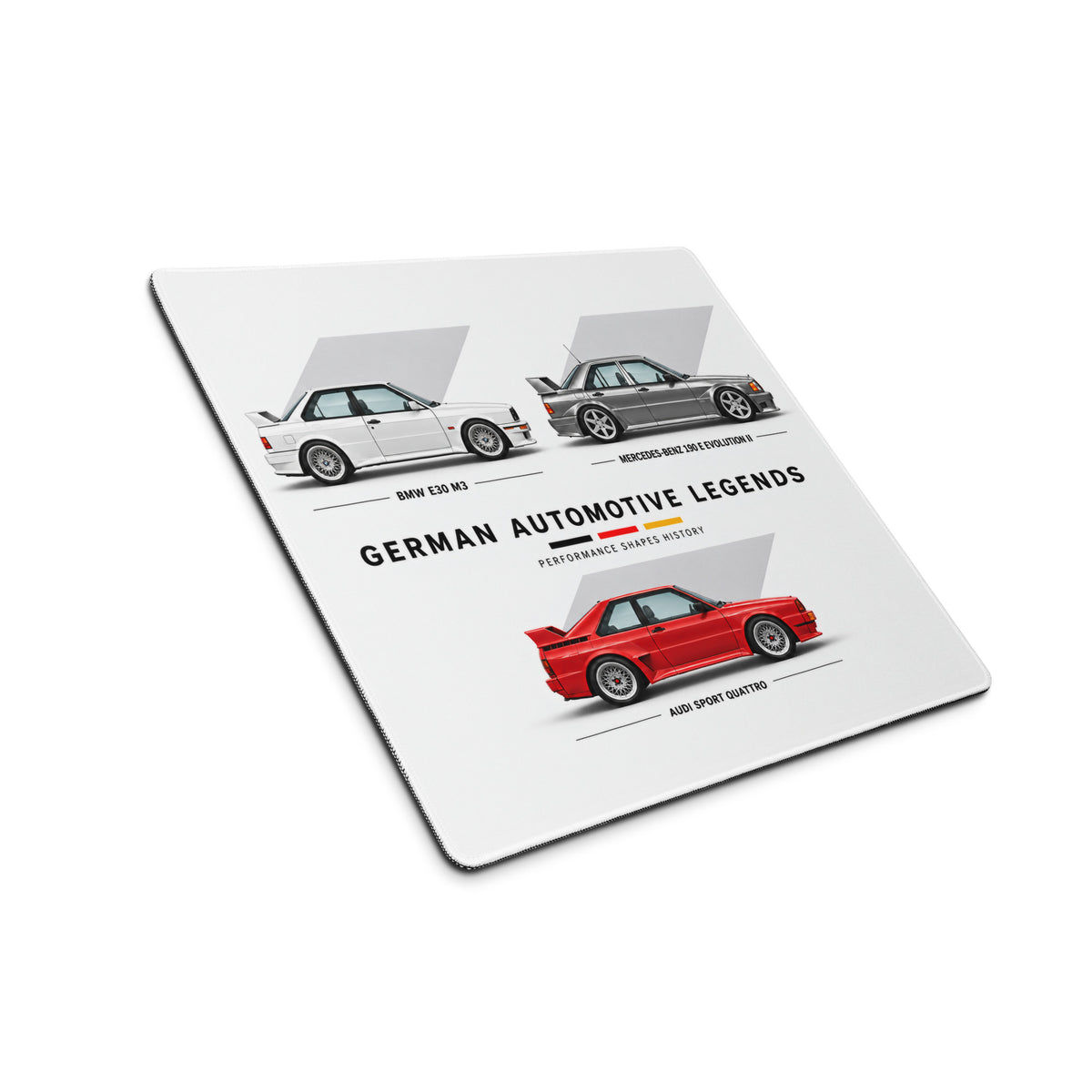 Angled view of German Automotive Legends mouse pad with E30 M3, 190E Evo II and Audi Sport Quattro artwork