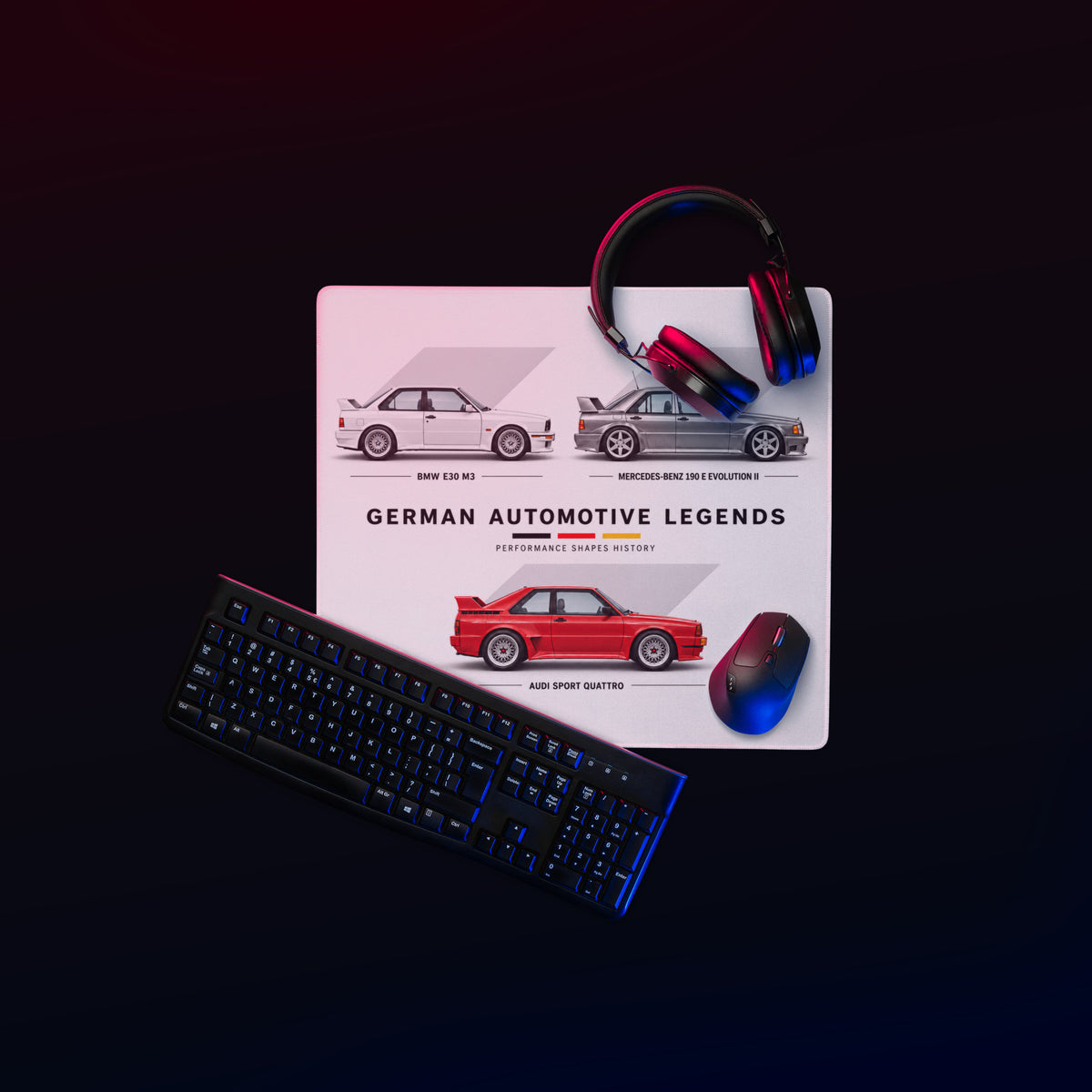German car gaming mouse pad in dark RGB desk setup featuring E30 M3, 190E Evolution II and Sport Quattro