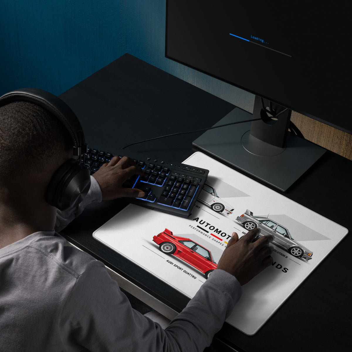 Person using German Automotive Legends gaming mouse pad with classic BMW, Mercedes and Audi performance cars