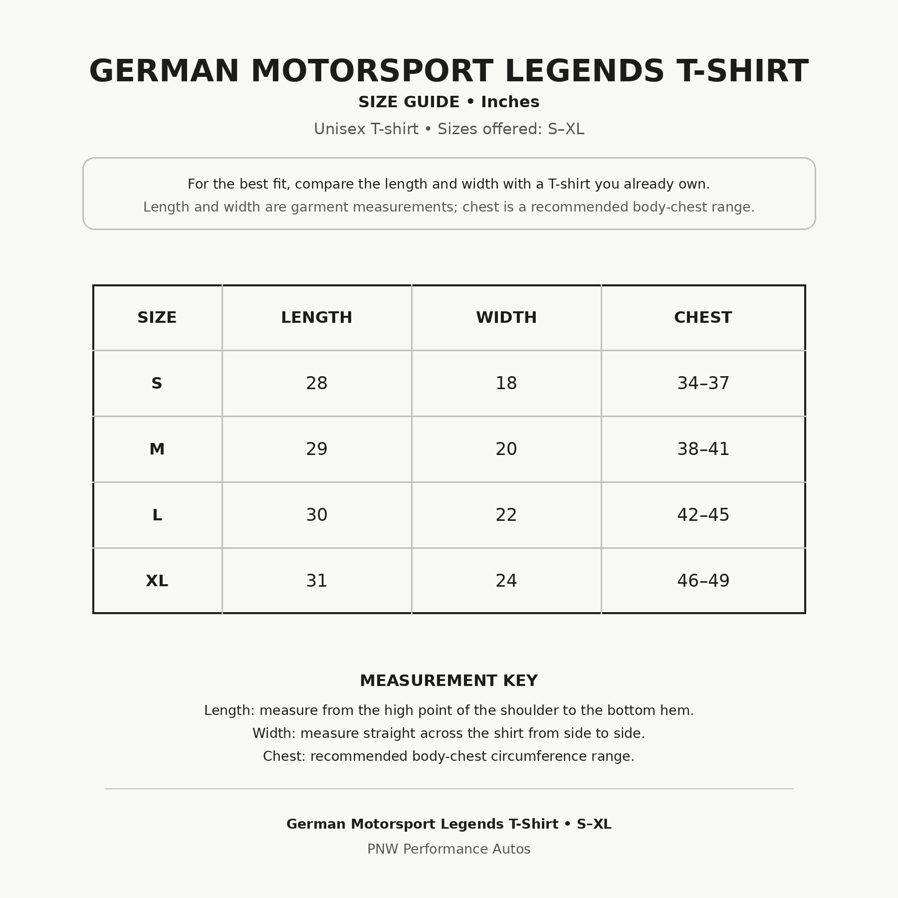 German Motorsport Legends unisex T-shirt size chart for sizes S through XL