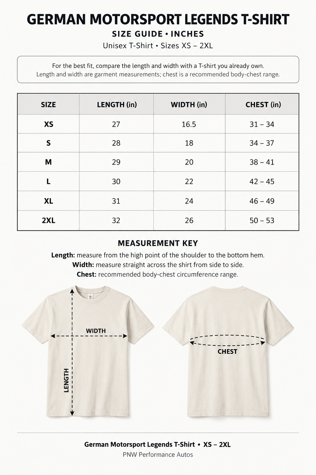 German Motorsport Legends T-shirt size guide in inches, covering XS through 2XL with shirt length, width and recommended chest measurements