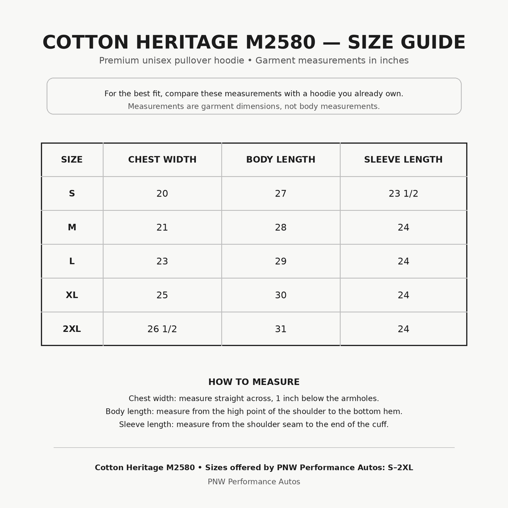 Cotton Heritage M2580 premium unisex hoodie size chart for sizes S through 2XL