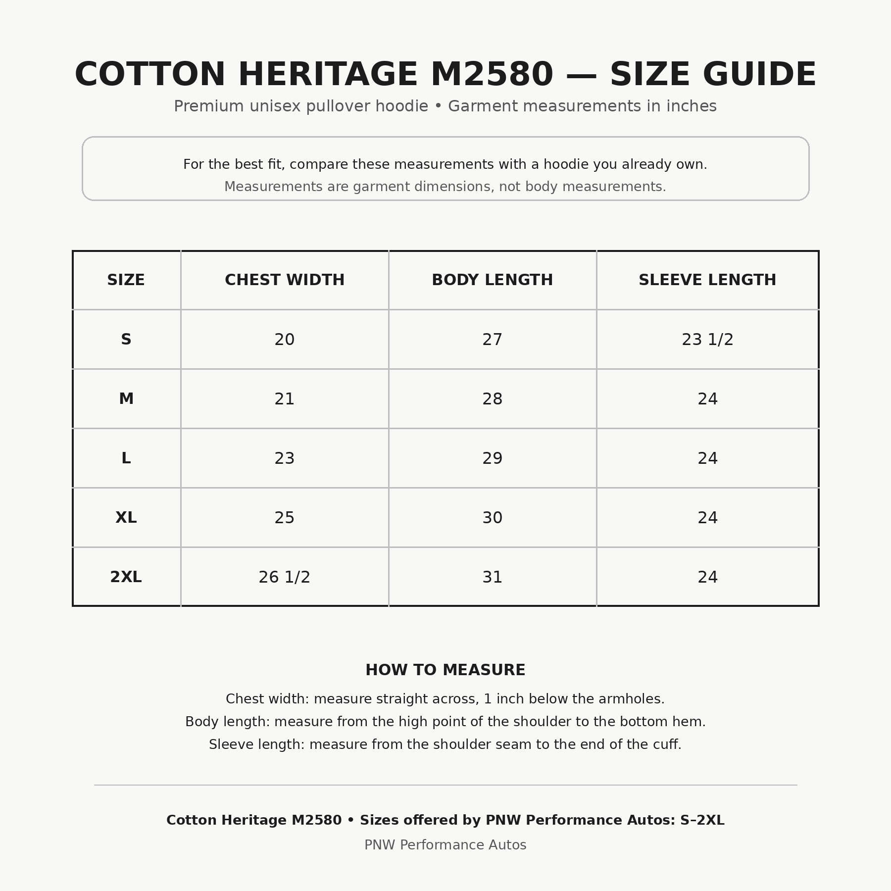 Cotton Heritage M2580 premium unisex hoodie size chart for sizes S through 2XL