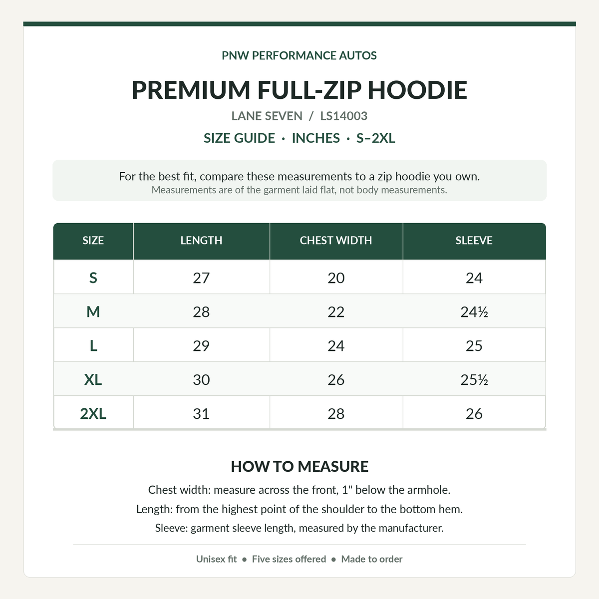 Lane Seven LS14003 full-zip hoodie size chart showing laid-flat chest width, body length, and sleeve measurements in inches for S through 2XL