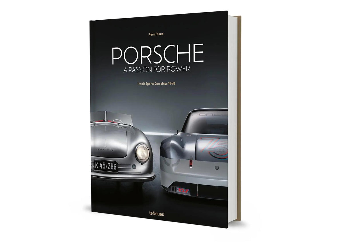 Angled view of Porsche: A Passion for Power hardcover showing the book cover, page block and thickness