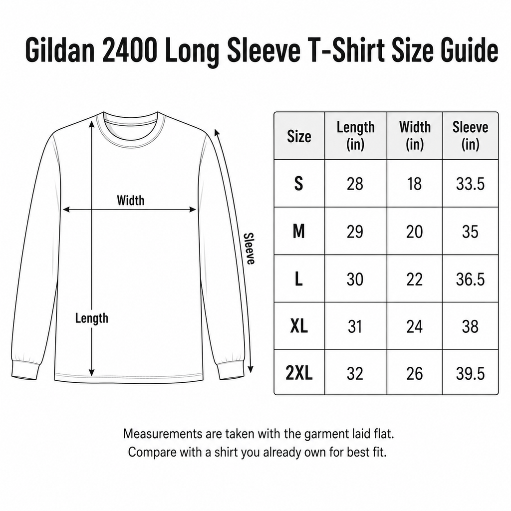 Gildan 2400 long sleeve T-shirt size guide showing garment length, width, and sleeve measurements for sizes S through 2XL.