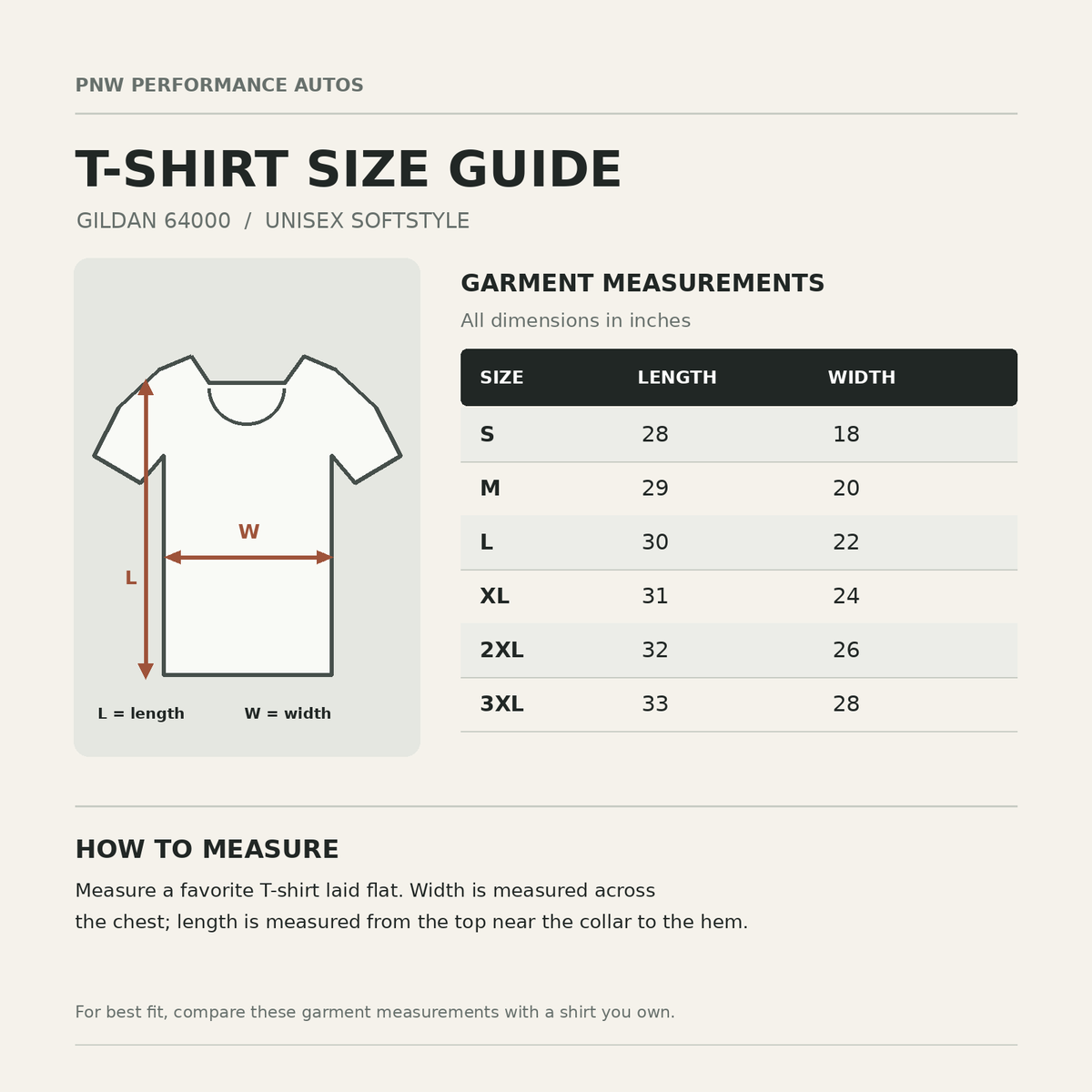 Gildan 64000 unisex T-shirt size guide with shirt length and width in inches for S through 3XL