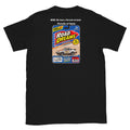 Black funny Porsche T-shirt with We Have a Porsche at Home retro toy-package back graphic