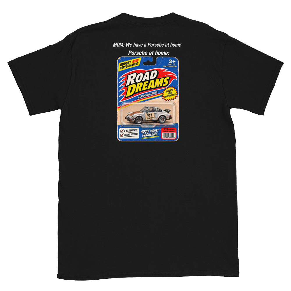 Black funny Porsche T-shirt with We Have a Porsche at Home retro toy-package back graphic