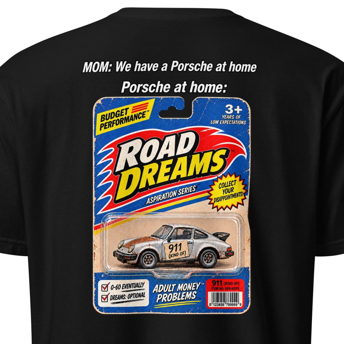 Close-up of Road Dreams Porsche at Home parody back graphic on a black T-shirt