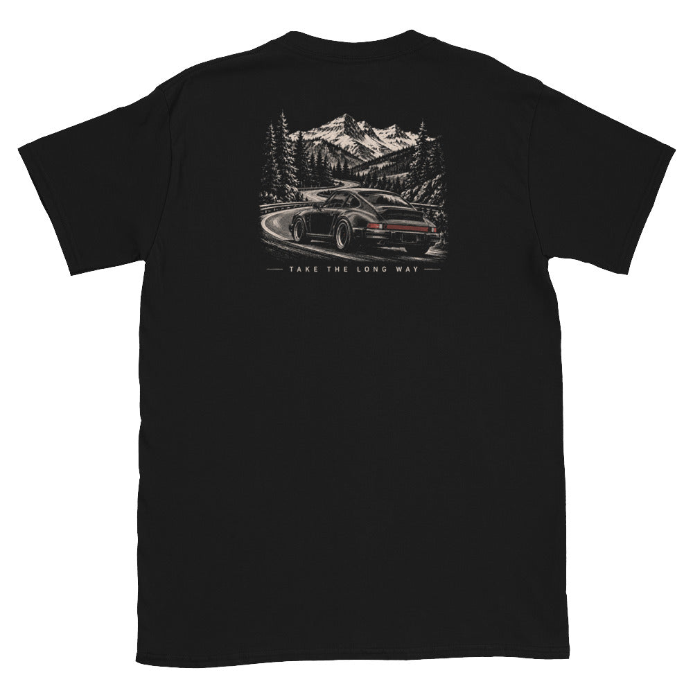 Black Take The Long Way T-shirt back view showing vintage mountain road and classic 911-inspired car graphic