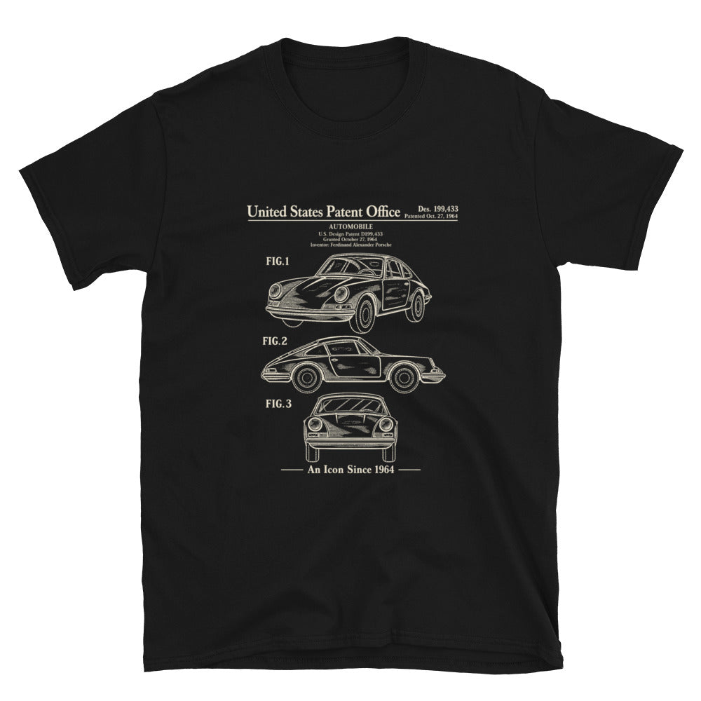 Black 1964 automotive design patent T-shirt, front view showing three ivory vintage technical illustrations