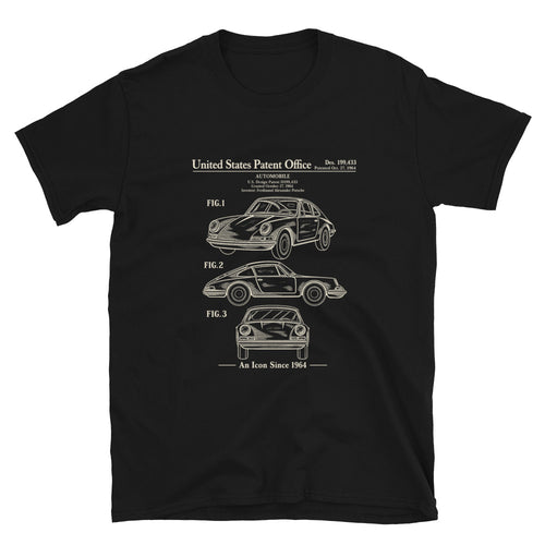 Black 1964 automotive design patent T-shirt, front view showing three ivory vintage technical illustrations