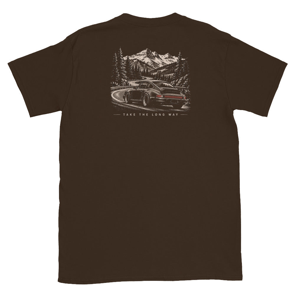 Dark Chocolate Take The Long Way T-shirt back view with distressed scenic driving graphic
